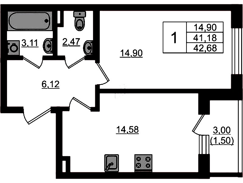 1-комнатная квартира 42.68 м², 1/4 эт., ЖК «Новая история»